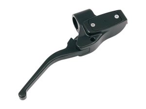 Black motorcycle hand control handle with switch housing for Revelry Motorcycles.