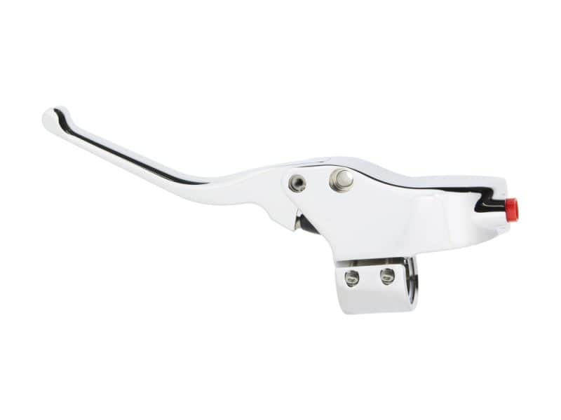 Wide white motorcycle clutch lever with red adjuster for Revelry Motorcycles in Australia.