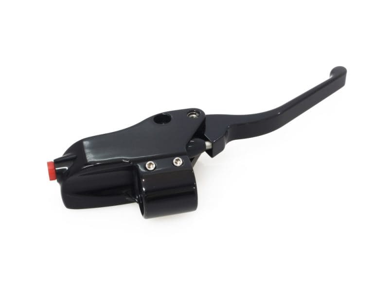 Aluminium motorcycle brake lever with black finish and red tip for Harley Davidson bikes.