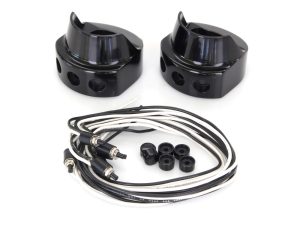 Black motorcycle handlebar risers and wiring harness for Revelry Motorcycles.