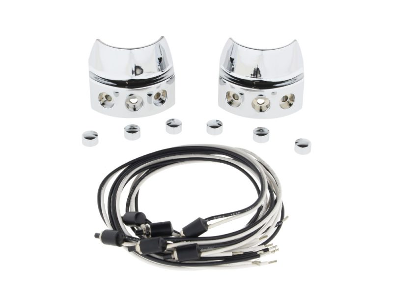 Left & Right Handlebar Switch Assembly - Chrome Chrome motorcycle riser brackets and wiring harness for Revelry Motorcycles Australia.