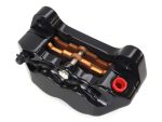 Aluminium motorcycle brake caliper, black with red adjustment knob.