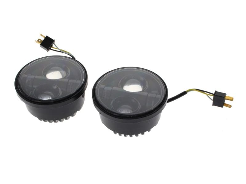 4-1/2in. HeadLight Inserts - Black. Fits Dyna Fat Bob 2008-2017 with Dual Headlight. Round motorcycle LED headlight with wiring harness, high visibility for bikes.