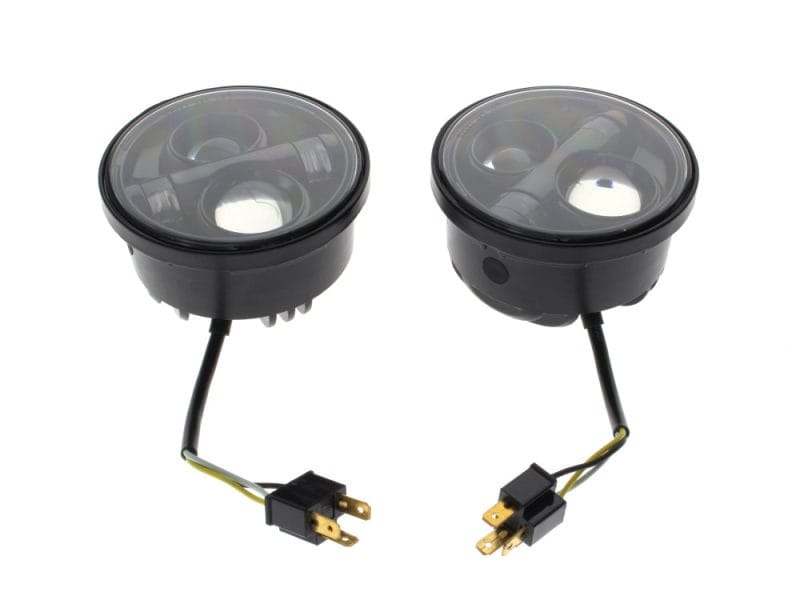 Black motorcycle LED turn signals with wiring harness for Revelry Motorcycles.