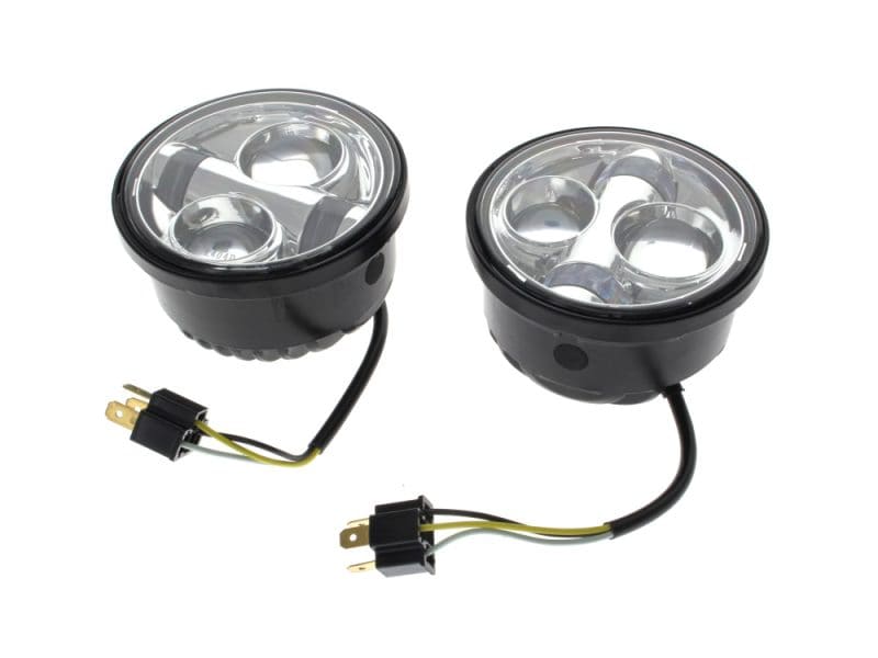 4-1/2in. LED HeadLight Inserts - Chrome. Fits Dyna Fat Bob 2008-2017 with Dual Headlight. Bright motorcycle LED lights for Revelry Motorcycles enhance visibility and style.