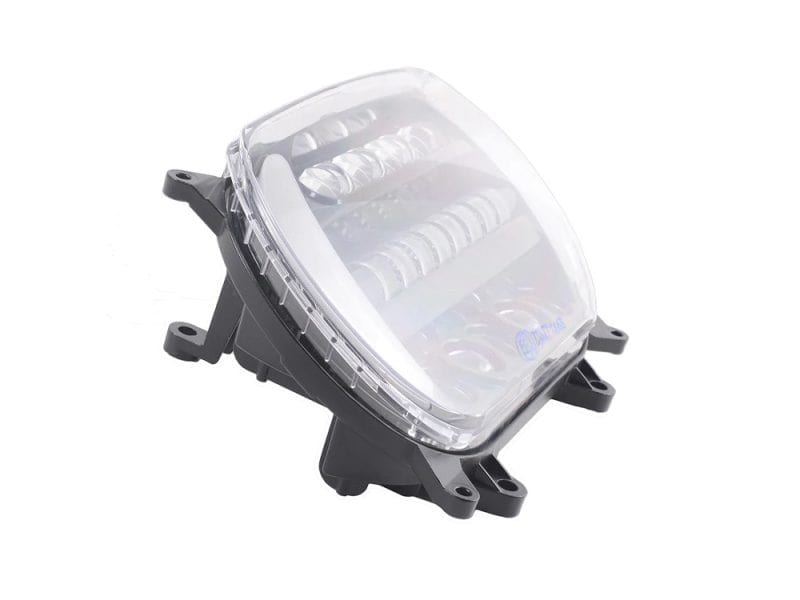 Bright LED motorcycle headlight with waterproof housing for Revelry Motorcycles.
