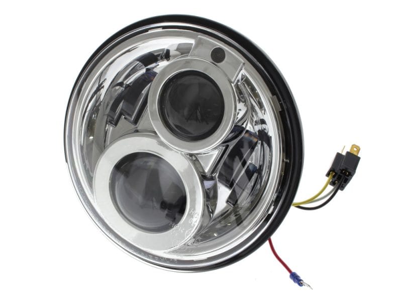 7in. LED HeadLight Insert with Parker - Chrome. Fits Most H-D Bright motorcycle headlight with LED projectors, ideal for Revelry Motorcycles custom builds.