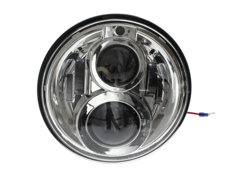 Bright chrome motorcycle headlight with dual projector lenses for Revelry Motorcycles, Australian delivery.
