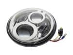 Bright motorcycle LED headlight with integrated wiring, ideal for cruiser and custom bikes.