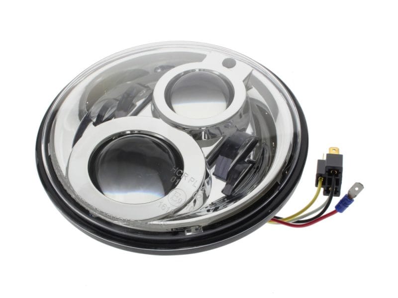 Bright motorcycle LED headlight with integrated wiring, ideal for cruiser and custom bikes.