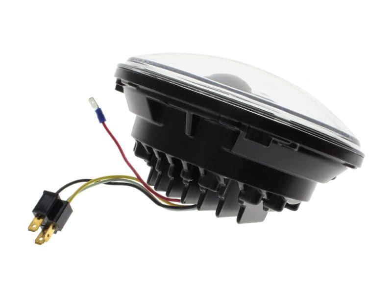 Universal motorcycle LED headlight with wiring harness for Revelry Motorcycles.
