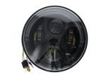 Bright black motorcycle LED headlight with wiring harness for Revelry Motorcycles.