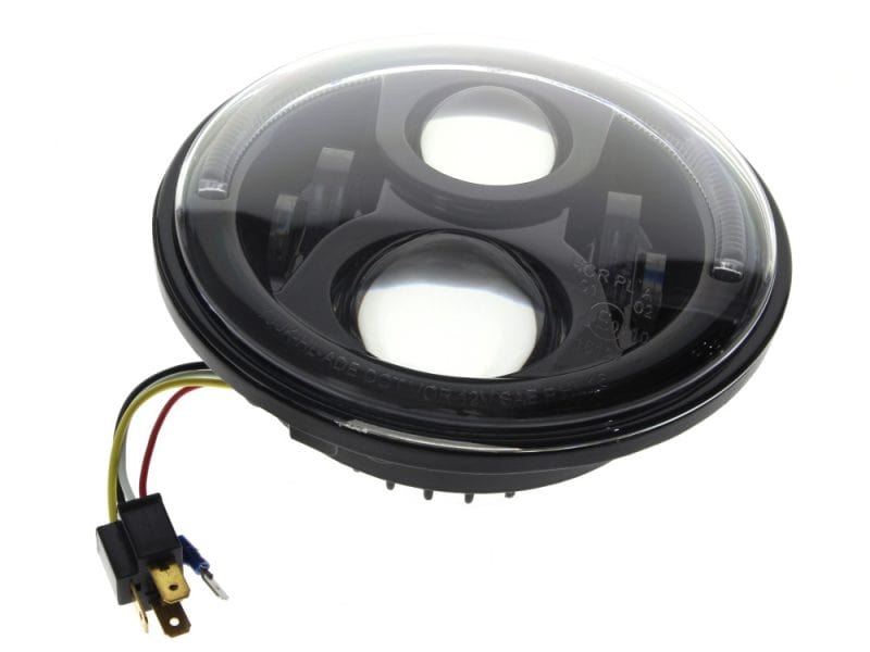 Bright LED motorcycle headlight with dual projectors for Revelry Motorcycles Australia.