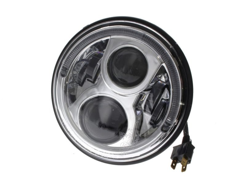 Bright LED motorcycle headlight for Revelry Motorcycles, high-beam and low-beam functions.