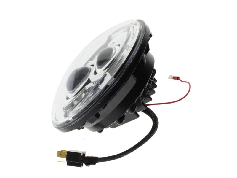 High-performance motorcycle headlight with LED bulbs for Revelry Motorcycles.