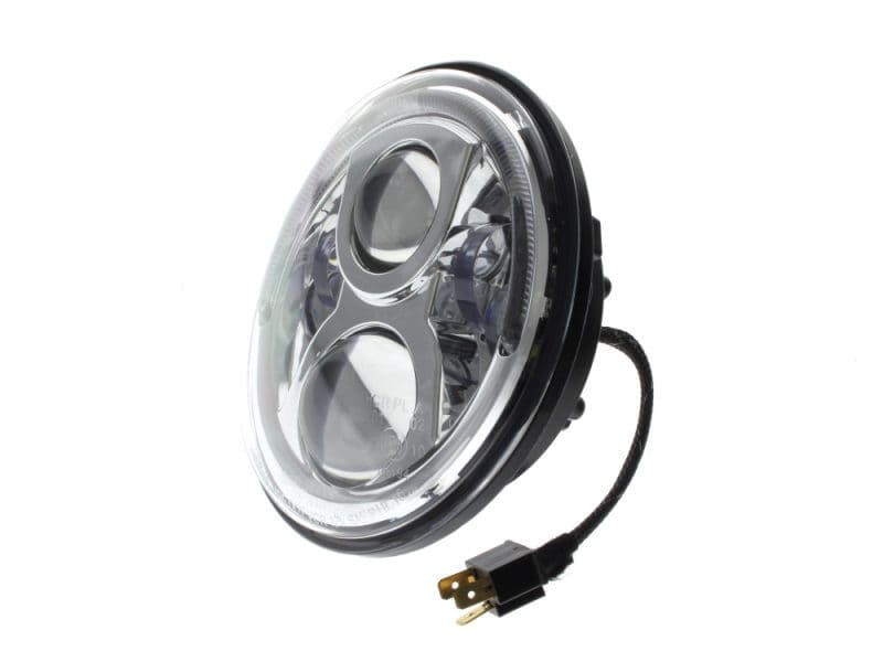 Bright LED motorcycle headlight with clear lens for Revelry Motorcycles in Australia.