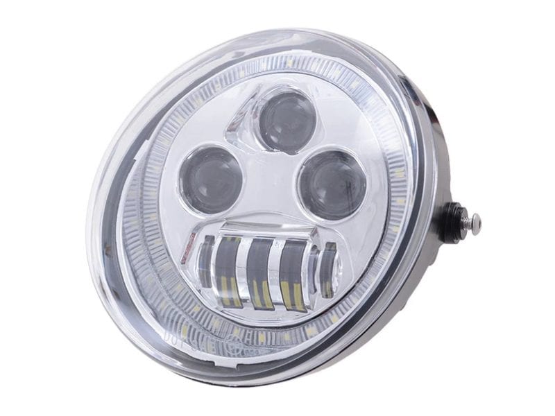 5-3/4in. LED HeadLight Insert with Halo - Chrome. Fits Night Rod Special 2012-2017 & Muscle 2009-2017. High-performance motorcycle LED headlight with skull design for Revelry Motorcycles Australia.