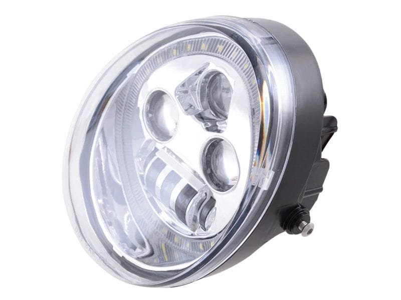 High-performance motorcycle headlight with LED illumination for Revelry Motorcycles.