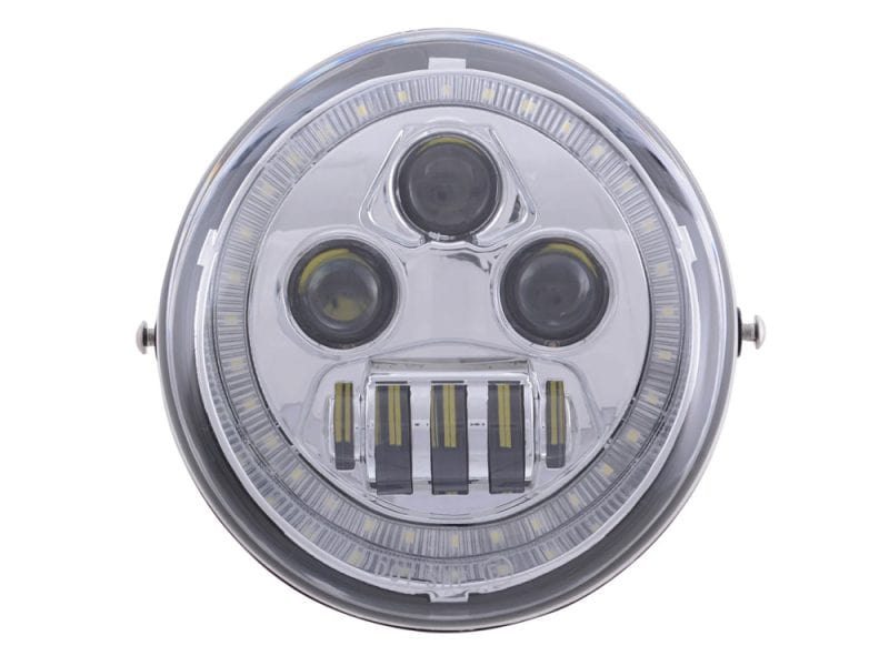 High-performance motorcycle LED headlight with skull design for Revelry Motorcycles.