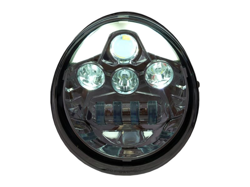 Bright LED motorcycle headlight with advanced lighting technology for Revelry Motorcycles.