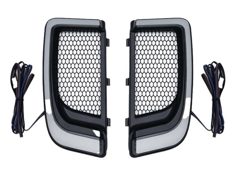 FusionFX Lower Fairing LED Lights - Black. Fits Touring 2014up with Lower Fairing Honeycomb grille inserts with wiring for motorcycle customization, ideal for enhancing Revelry Motorcycles' style.