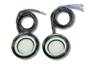 High-performance motorcycle LED turn signals with braided wiring for enhanced durability.