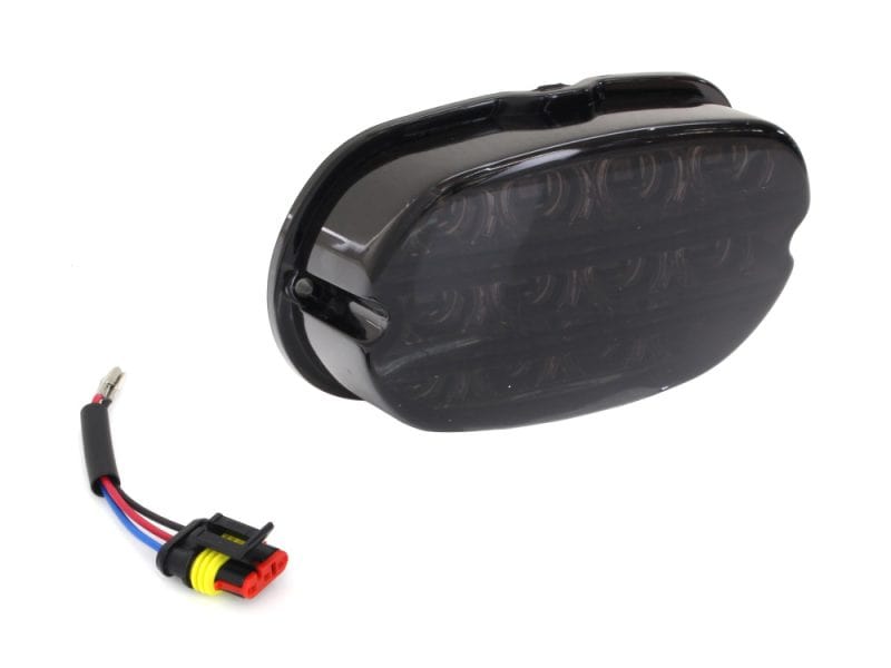 Bright LED motorcycle tail light with wiring harness for Revelry Motorcycles.