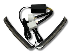High-performance motorcycle LED turn signals with wiring harness for Revelry Motorcycles Australia.