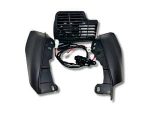 Black motorcycle fairing parts with wiring for Revelry Motorcycles.