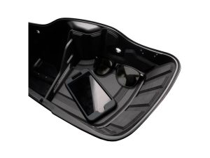 Black motorcycle saddlebag with phone and sunglasses inside for Revelry Motorcycles.