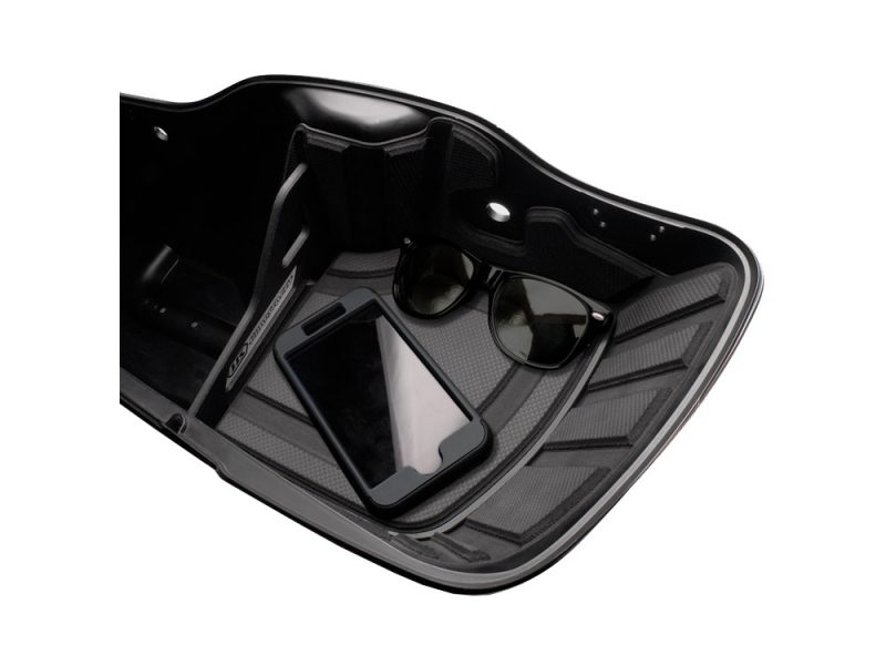 Black motorcycle saddlebag with phone and sunglasses inside for Revelry Motorcycles.
