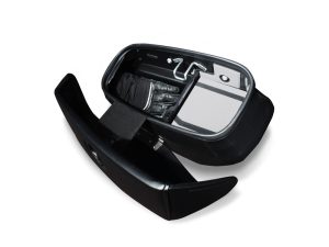 Locking motorcycle top box with interior storage and mounting hardware for Revelry Motorcycles.