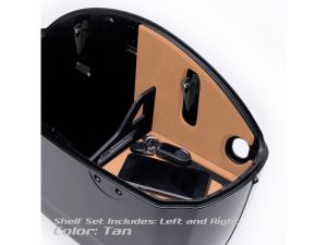 Compact motorcycle top case with tan interior, key, phone holder, and mounting features for Revelry Motorcycles.