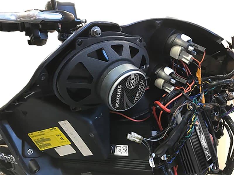 High-performance motorcycle speaker with wiring on Revelry Motorcycles bike Australia.
