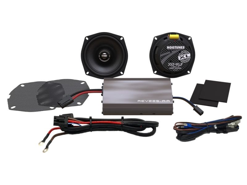 Hogtunes XL High-quality motorcycle audio amplifier kit with speakers for custom Revelry Motorcycles audio systems.