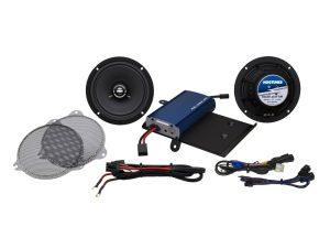 High-quality motorcycle speaker upgrade kit with front speakers, amplifier, and wiring for Revelry Motorcycles.