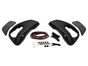 Black motorcycle front fender kit with wiring and mounting hardware for custom bikes.