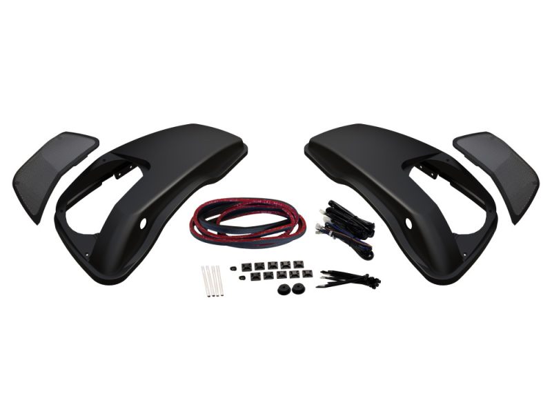 Saddlebag Lids For 6x9's. Fits Touring 2014-2023 Black motorcycle front fender kit with wiring and mounting hardware for custom bikes.