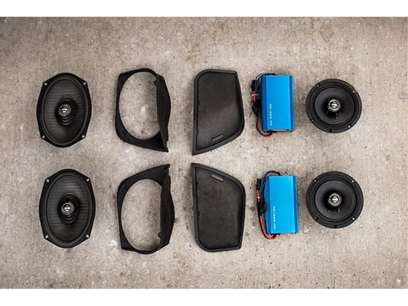 High-quality motorcycle speaker kit for Revelry Motorcycles, with speakers and amplifiers.