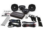 High-quality motorcycle speaker system installation kit with wiring and mounting brackets.