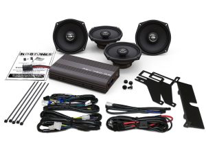 High-quality motorcycle speaker system installation kit with wiring and mounting brackets.