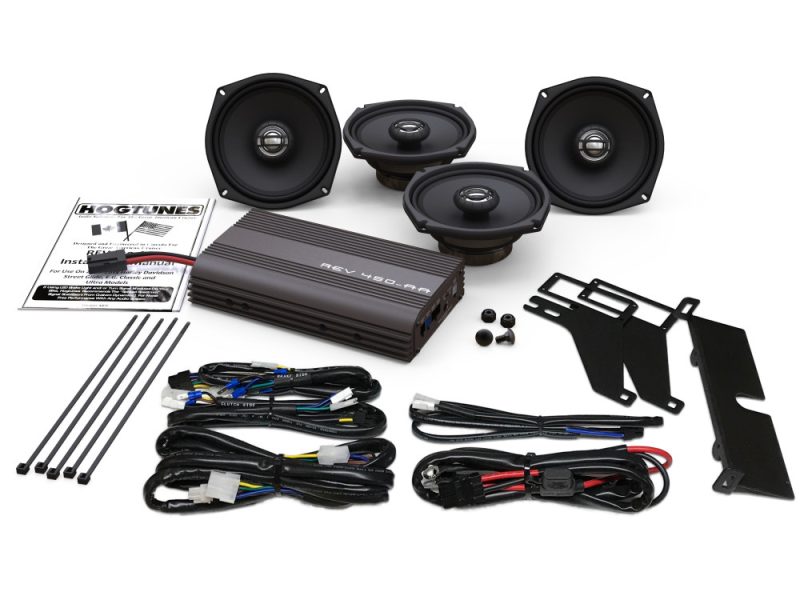 Hogtunes High-quality motorcycle speaker system installation kit with wiring and mounting brackets.
