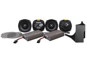 Revelry Motorcycle audio upgrade kit with speakers, amplifiers, and mounting components.