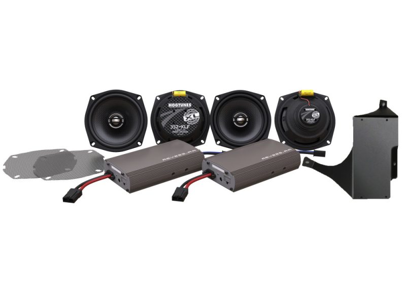 Hogtunes XL Revelry Motorcycle audio upgrade kit with speakers, amplifiers, and mounting components.