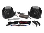 High-performance motorcycle speaker system with wiring kit and mounting hardware.
