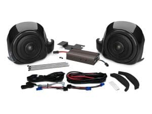 High-performance motorcycle speaker system with wiring kit and mounting hardware.