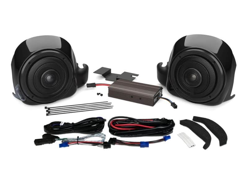 High-performance motorcycle speaker system with wiring kit and mounting hardware.