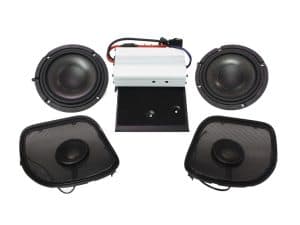 High-quality motorcycle audio system with speakers and amplifier for Revelry Motorcycles.
