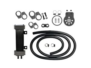 Precision motorcycle oil cooler kit with hoses and mounting hardware for Revelry Cycles bikes.