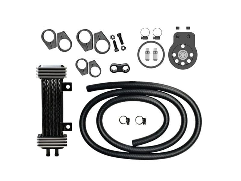 6-Row Vertical Deluxe Oil Cooler Kit. Fits Softail 2018up Precision motorcycle oil cooler kit with hoses and mounting hardware for Revelry Cycles bikes.